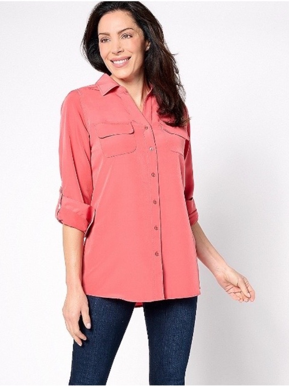 Denim & Co Roll Tab Sleeve Button Front Soft Utility Tunic 1X